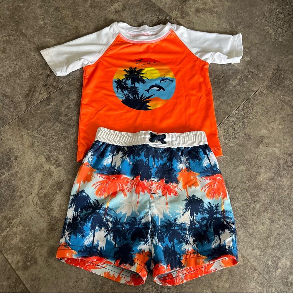 Wonder Nation Toddler Boy 2T Swimwear Trunks & Rash Guard | Blue Orange